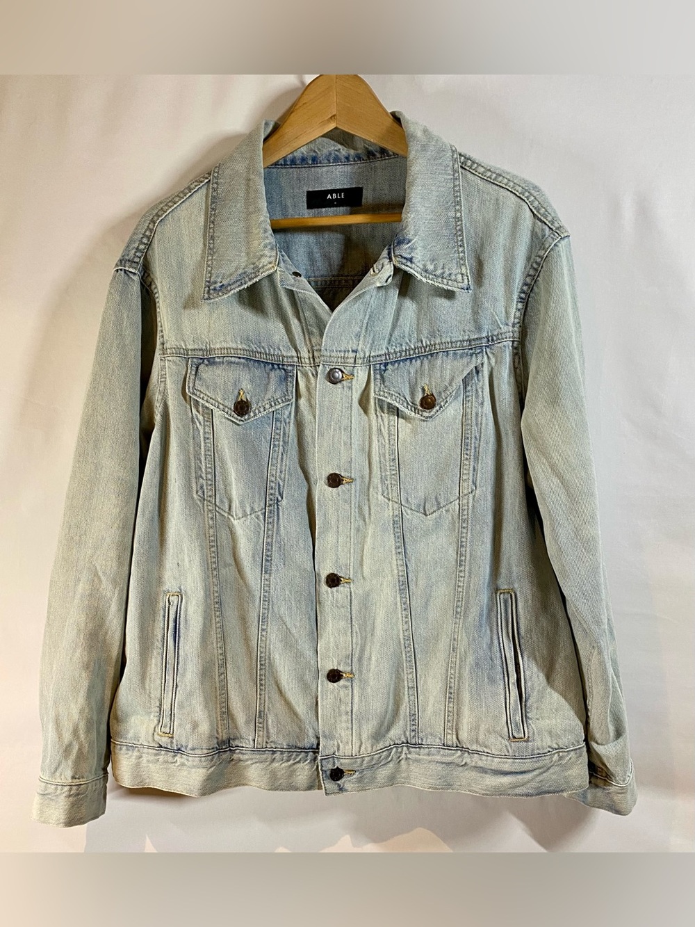 ABLE Merly Light Wash Distressed Denim Jacket, size 1X